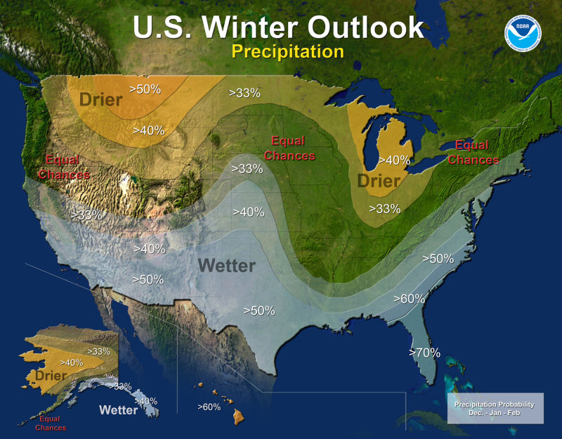 The original NOAA prediction for El Niño season. In reality, the wet weather has headed much higher north